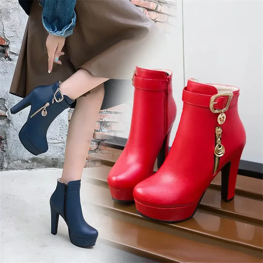 Big Size Ring Pandent Women Ankle Boots Red White High Thick Heel Office Dress Lady Round Toe Buckle Zipper Platform Short Boots view 5