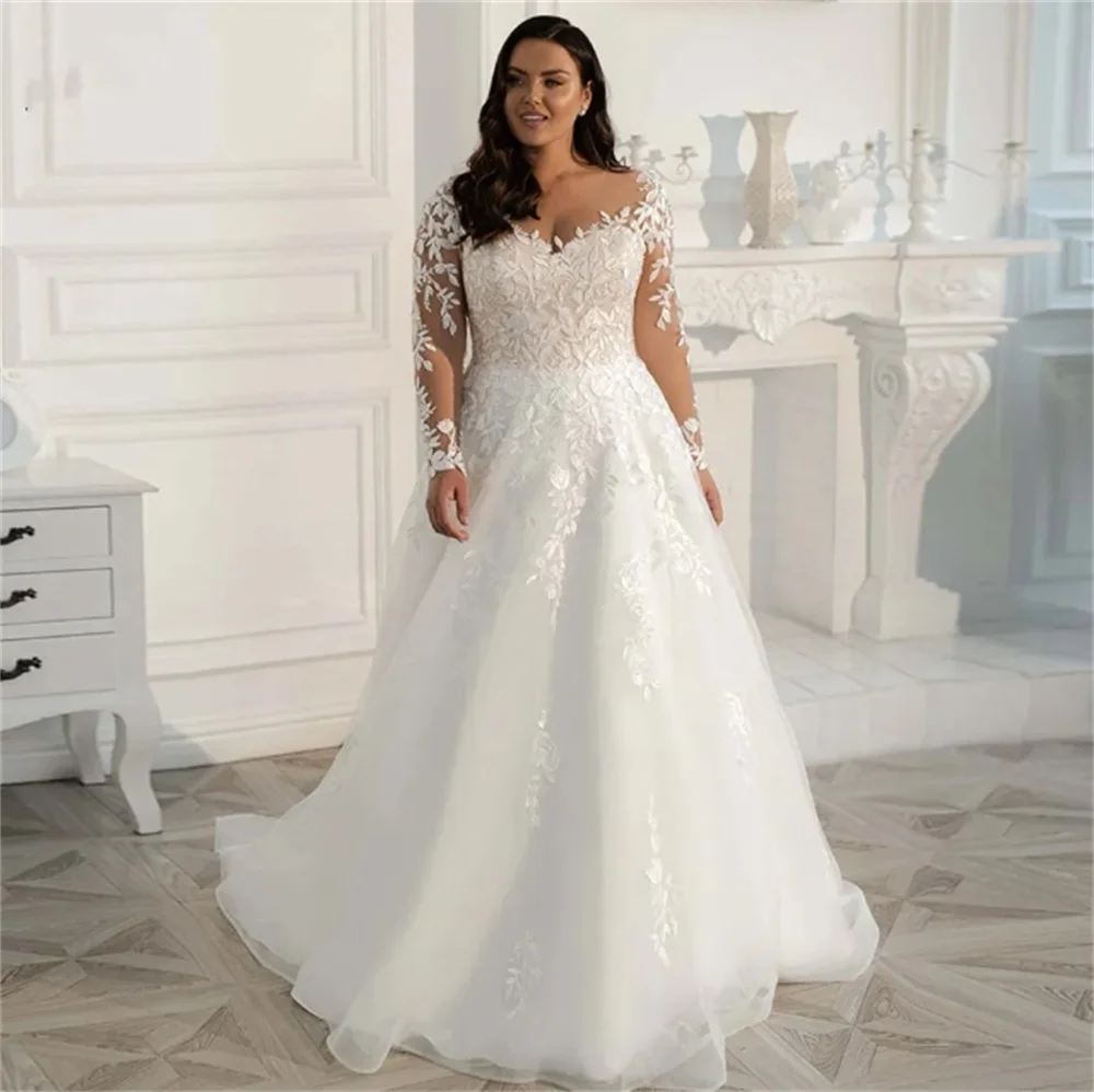 Beautiful Plus Size Wedding Dress Lace Appliques Sheer V-Neck Long Sleeves A-Line Tulle Vestidos Floor-Length Bridal Gown