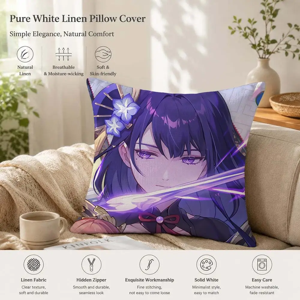 Raiden Shogun Genshin Impact Cushion Cover 1/4PCS Linen Sofa Couch Bedroom Living Room Home Office Decor Pillow Case