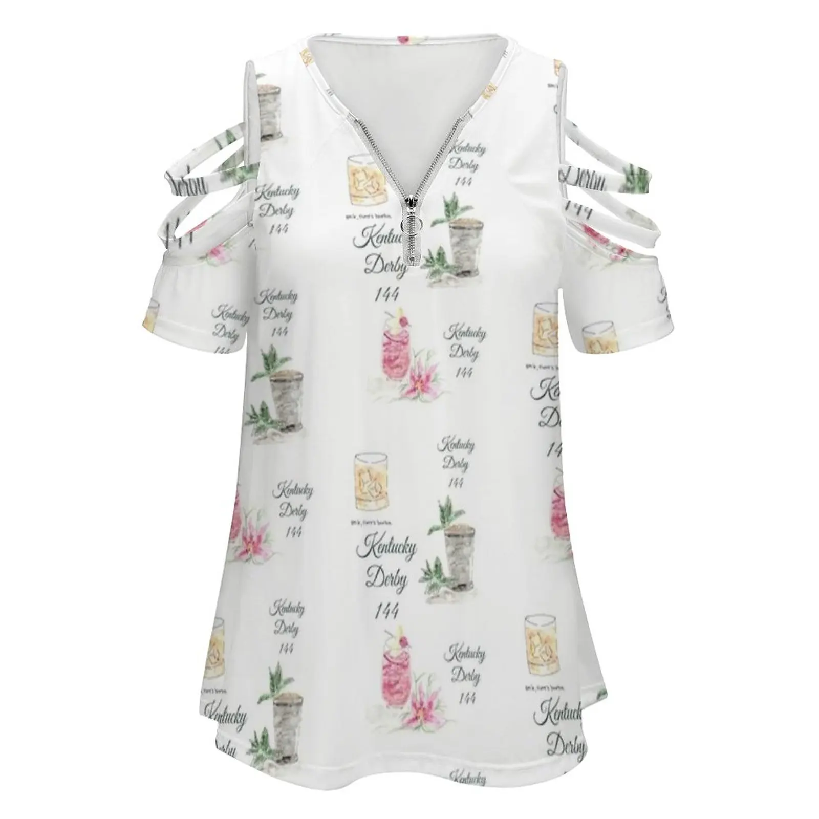 Derby 144 , Cocktail , Watercolor , Horse Race , Kyderby New Fashion Zip Off Shoulder Top Short-Sleeve Women Shirt Derby 144