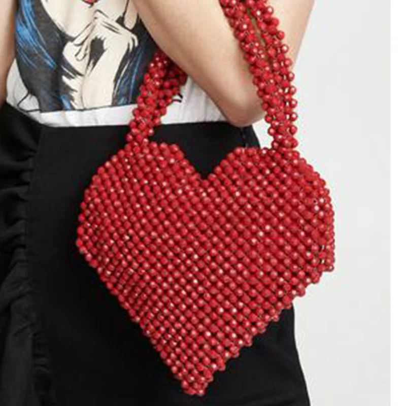 Summer Beach Women Handbag New Heart-shaped Top-handle Beaded Evening Beads Handmade Niche Design Personality Love Ladies Bag