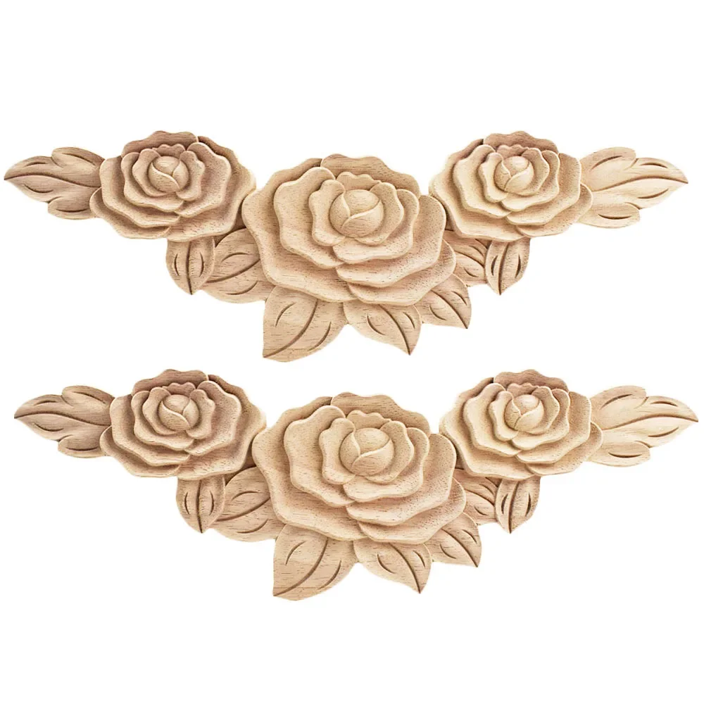 2PCS Unpainted Miniatures Carved Leaves Floral Oval Flower Rubber Wood Corner Window Cabinet Wooden Decal Onlay Wood Applique