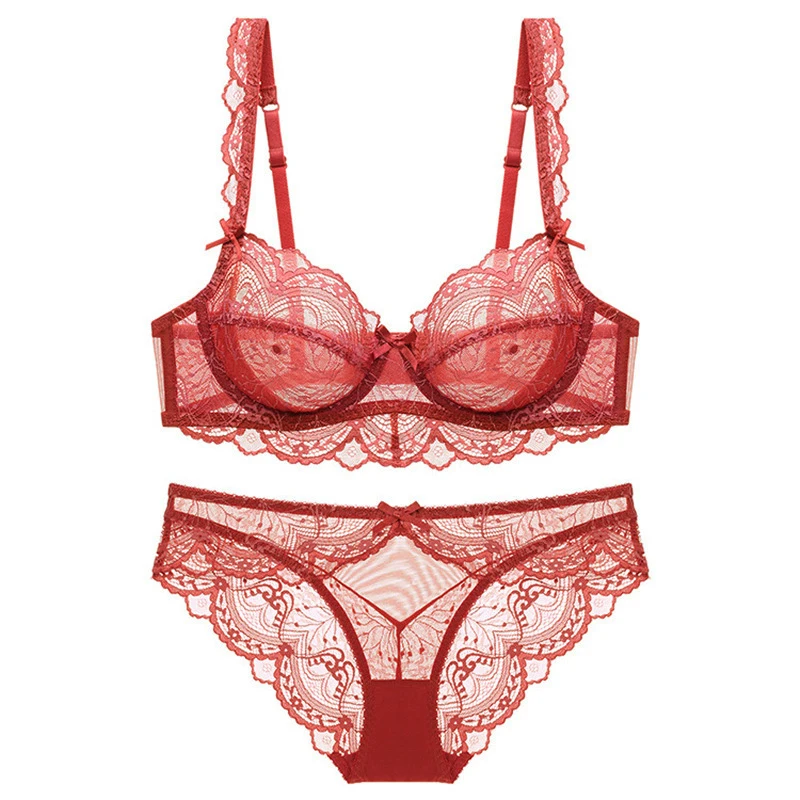 2021 New Style ABCDE Cup Bra Sets Ultra-Thin Transparent Flower High Quality Push Up Underwear Suit Plus Size Lingerie