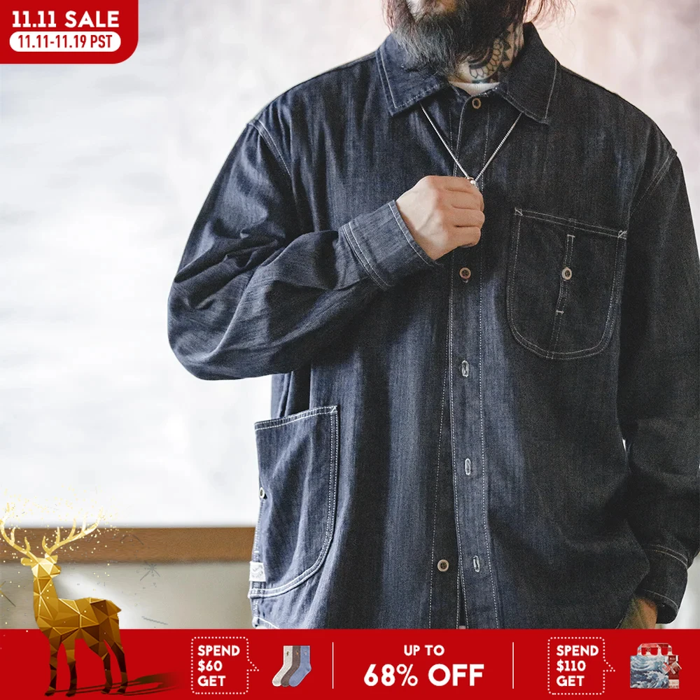 

Maden Ретро рубашка из выстиранного денима с длинными рукавами, большим карманом и застежкой на пуговицах. Свободный крой и швы делают её идеальной для повседневной носки весной и осенью