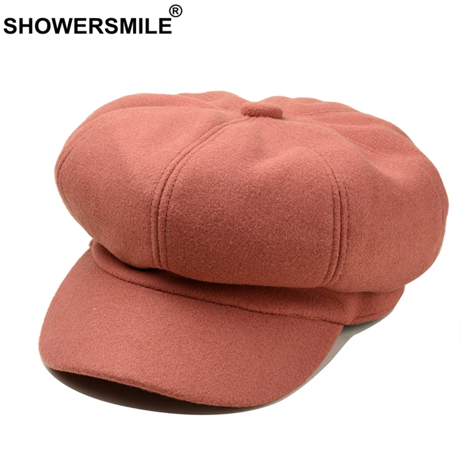 SHOWERSMILE Womens Newsboy Caps Beret Solid Wool Octagonal Cap Ladies Pink Painters Hat Female Autumn Colorful French Artist Hat