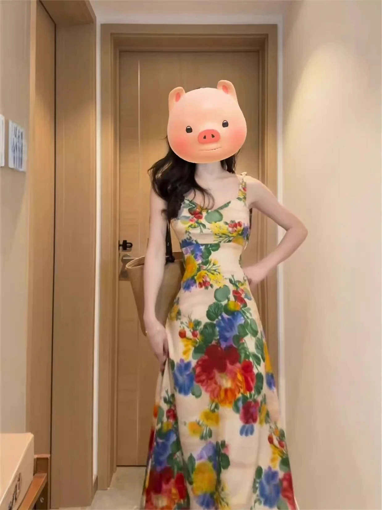 Retro Hong Kong Style Floral Print Summer Dress Women's Elegant Waist-Cinching Strap Long Dress Vacation Vibes High Waist
