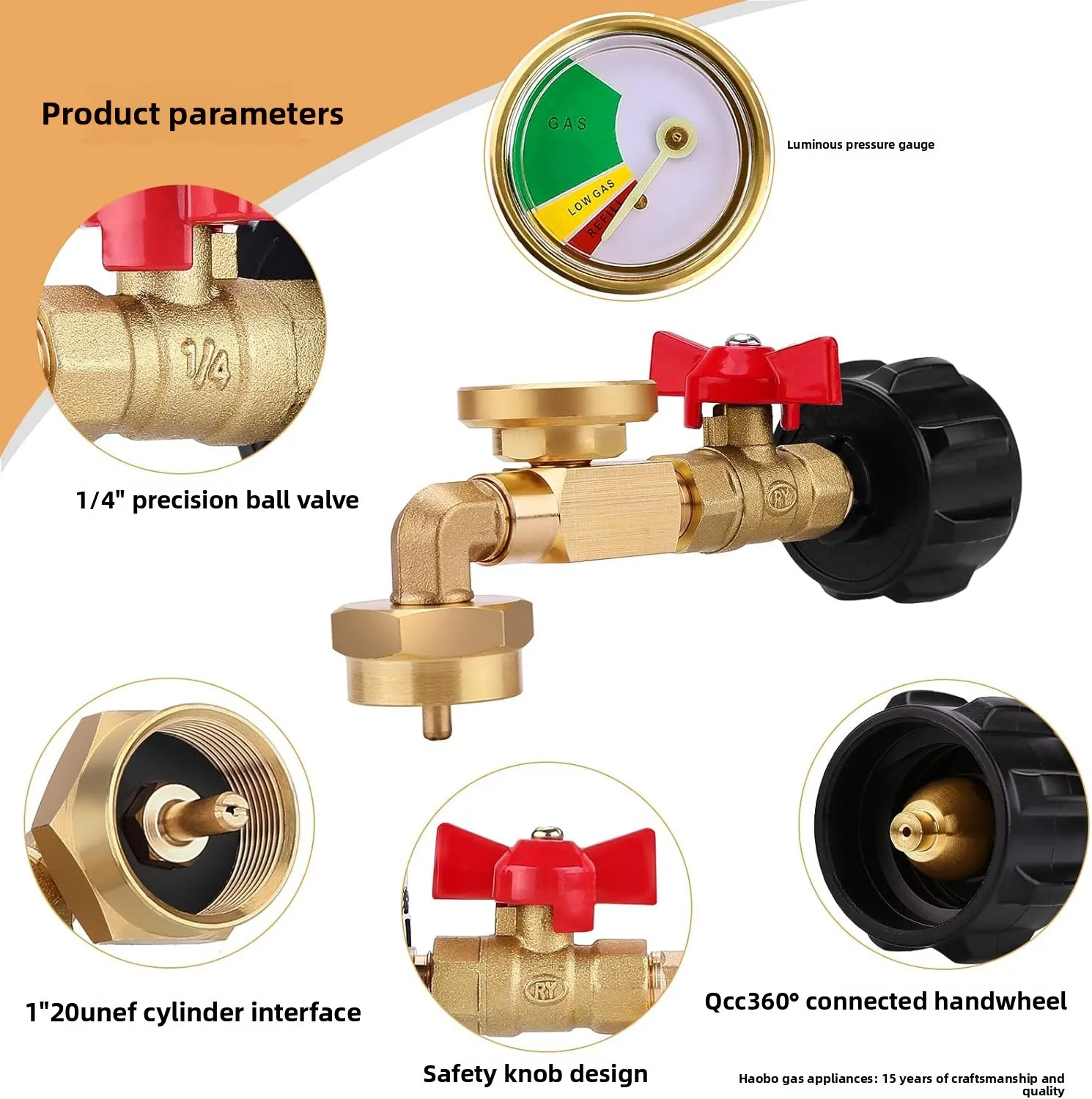 QCC propane bottle gas connector with luminous strap ball valve gas tank gas connector