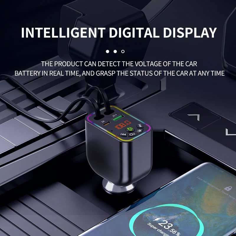 New Bluetooth Car Charger Multifunction Charger Type-C Lightning Port With Digital Display With Retractable Cable