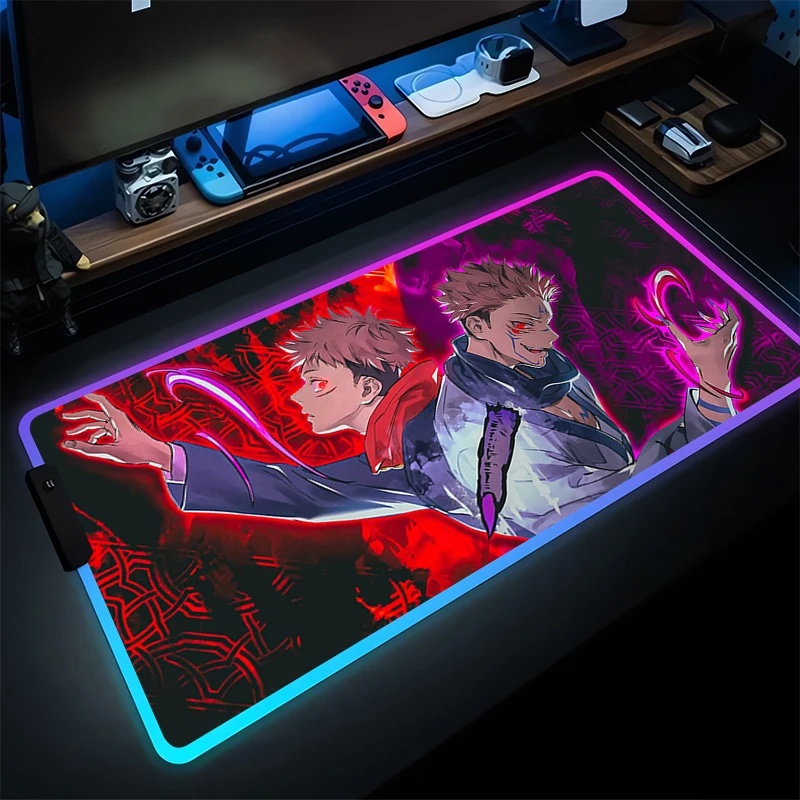 Gaming Muismat Anime RGB PC Computer J-jujutsu K-kaisen Sukuna Gamer Uitgebreide Desktop Muis Mat LED Laptop lichtgevende Muismat