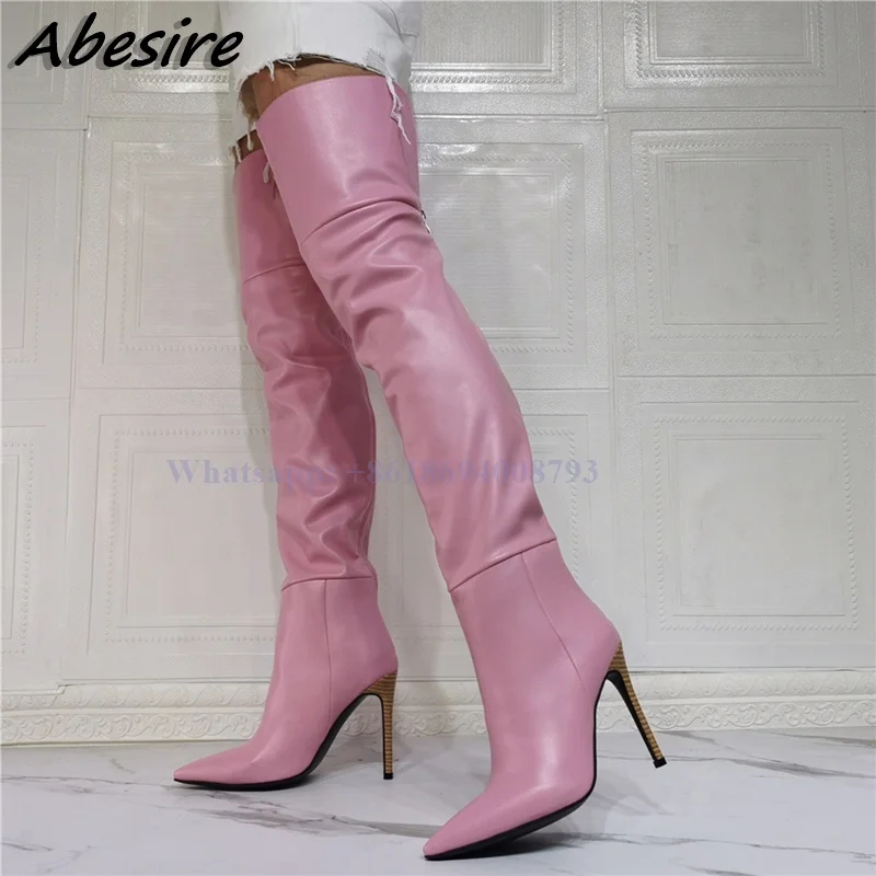 

New Long Solid Pink Boots Back Zipper Pointed Toe Thin High Heel Boots Over The Knee Women Boots Thigh High Shoes Zapatos Mujer