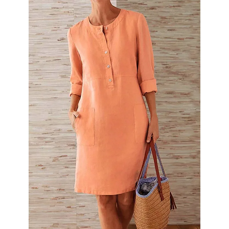 Women Casual Soild Long Sleeve Cotton And Linen Tunic Dress Vintage Straight Dress Long Sleeve Oversized Mini Knee-Length Dress