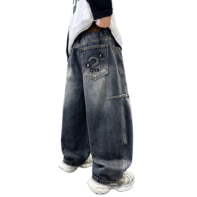 موضة المراهقين بنين رسالة الجينز ربيع الخريف جديد الاطفال واسعة الساق الدنيم السراويل للأطفال بنطلون فضفاض لمدة 4-14 سنة