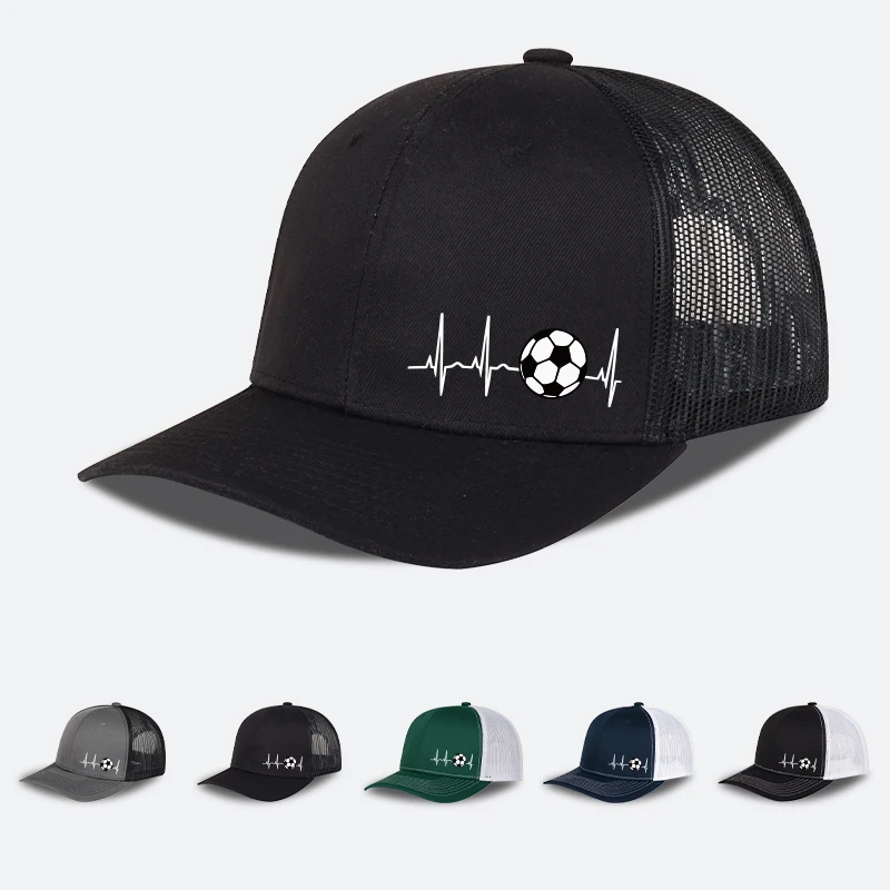 Fußball-Herzschlag-EKG-Print Trucker-Mütze für Herren und Damen, verstellbare Baseballkappe mit Mesh-Rückseite, Sonnenhut für Fußballfans und Sportler