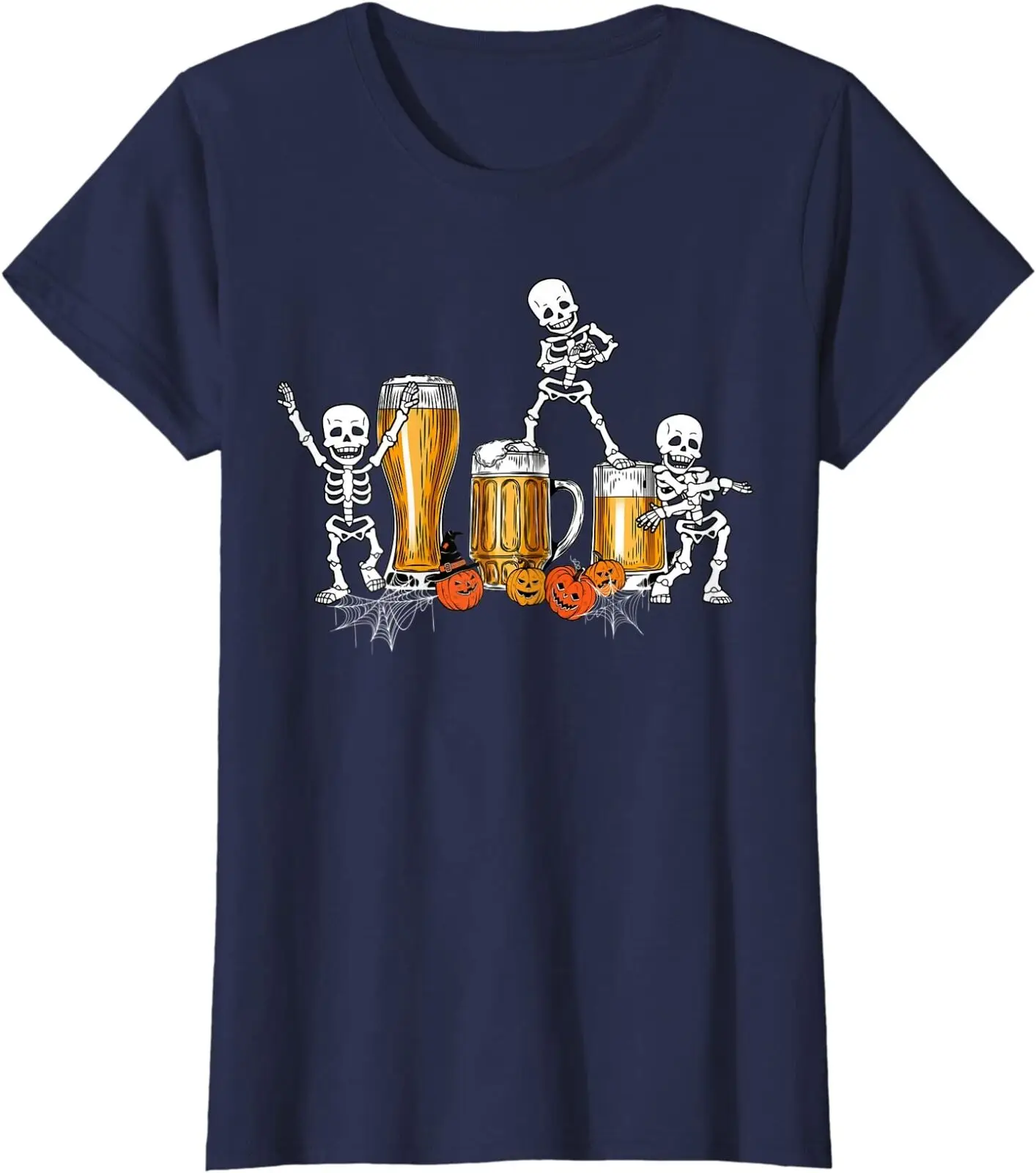 Happy Halloween Funny Skeleton Drinking Beer Pumpkins Ladies\' Crewneck T-Shirt