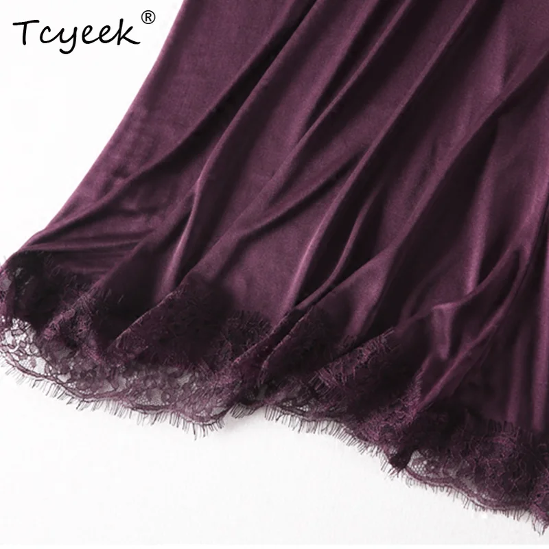 Tcyeek ฤดูร้อน 30% ผ้าไหมธรรมชาติ 70% เหนียวชุดผู้หญิงถักลูกไม้ปรับสายคล้องคอ Slim PAJAMA ชุด D36322JM