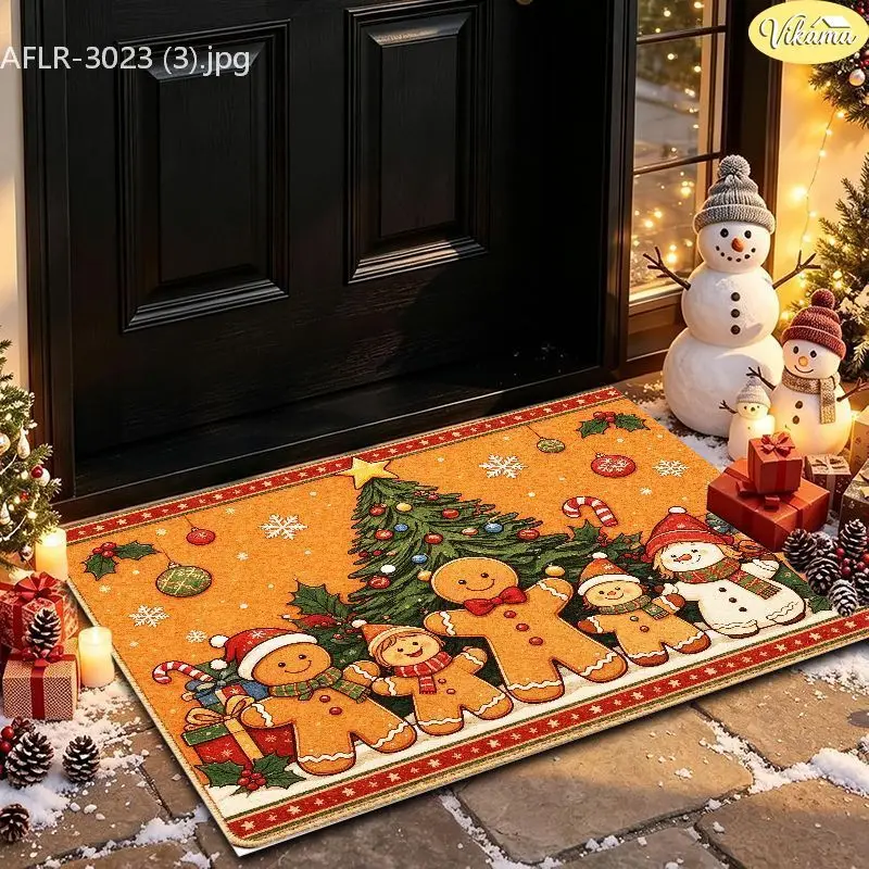 VIKAMA Orange Gingerbread Family Tree Entryway Rug Non Slip Low Profile Mats for Outside Front Door Xmas Decor Washable