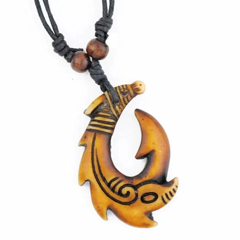 Cool Men's Imitation Yak Bone Necklace NZ Maori Fishhook Pendant Necklace Adjustable Rope Surfer Jewelry Women's Gift