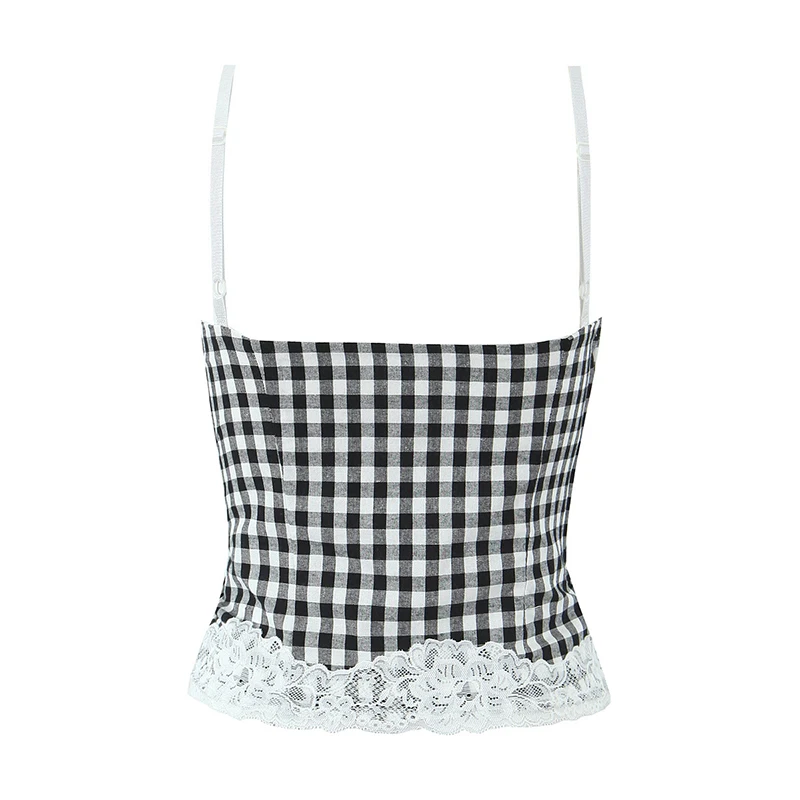 Summer Women Lace Patchwork Plaid Wire bra Corset Camis Sexy Sleeveless Side Zipper Crop Top Camisoles Chic Party Bra Tank