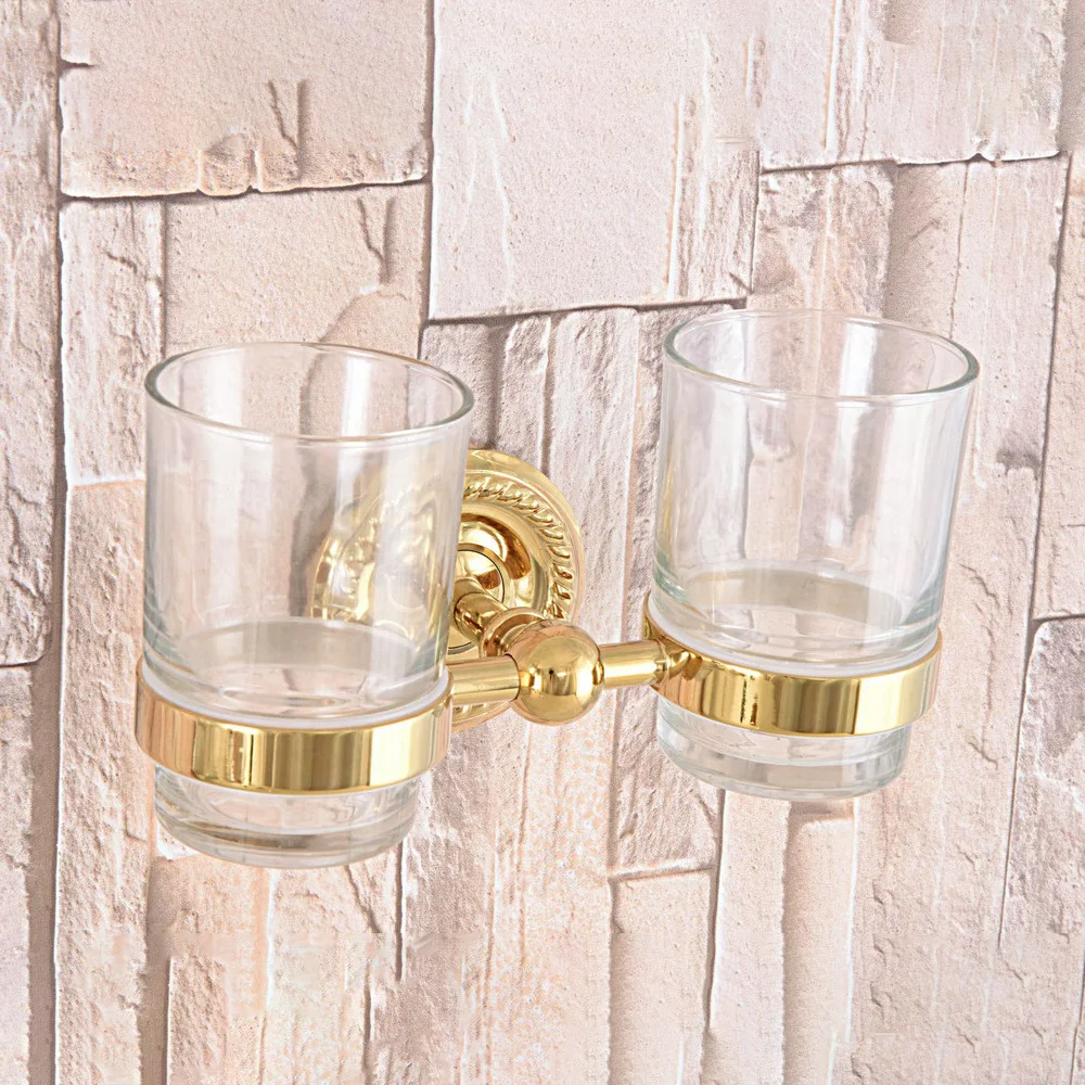 Wall Mounted Gold Color Brass Double Cup Holder Toothbrush Holder with Two Glass Cups Rack Tumbler Holder Nba600