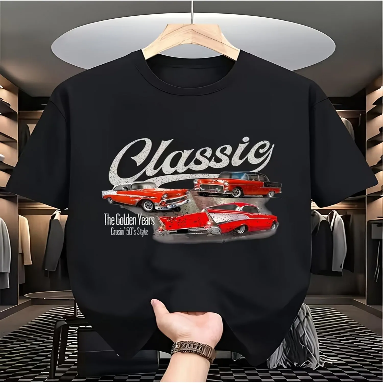 Classic Cars Print T-Shirt in Retro 50S Style, Ideal for Casual Outfits, Relaxing at Home, Going Out, Or As a Gift for Christmas, Valentine'S Day, Or Any Celebration Big And Tall Men'S Clothing, Men Graphic Tee, Weekend Casual Top