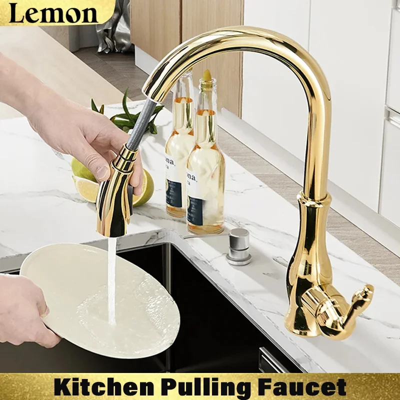

360° Swivel Spout Kitchen Sink Faucet with Pull down Sprayer Fashion Design Hot & Cold Water Mixer Tap in Black/Gold