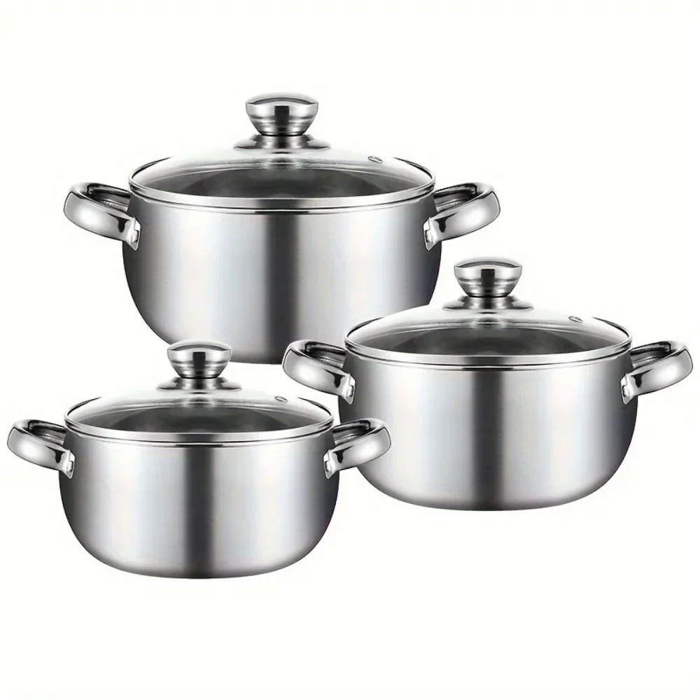 3pcs Stainless Steel Cookware Set with Lids - Induction Compatible, Thick Walls for Even Heating, Dual Handles & Covers ，