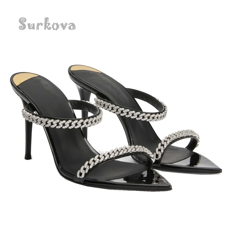 

Pointed Toe Rhinestone Pumps Women's Outdoor Wear Flip-Flop 2023 Summer High Heels Stilettos Shoes Bling Crystal T-Strap Sandals