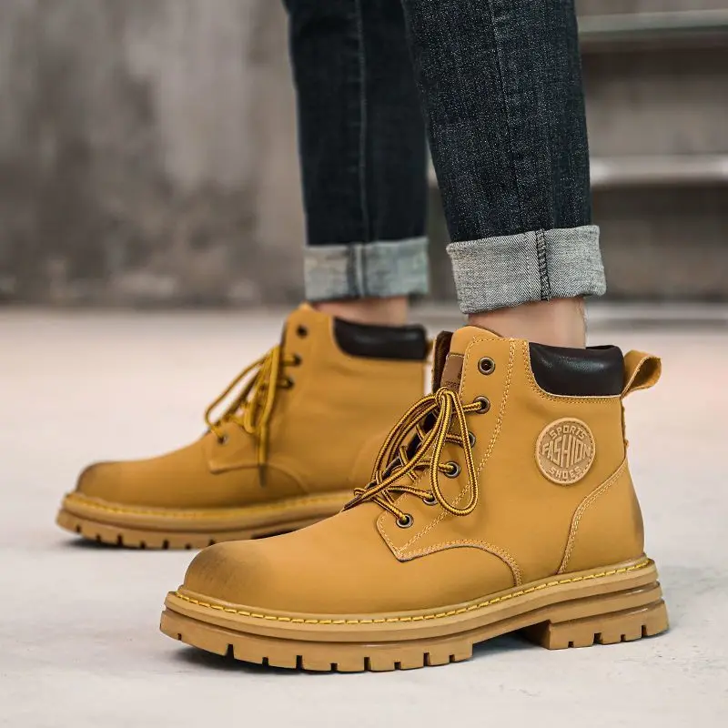 

2025 Trendy Men's Lace Up High Top Fleece Lined Cotton Workwear Boots Spring Autumn Outdoor Motorcycle UK Style Short Boots