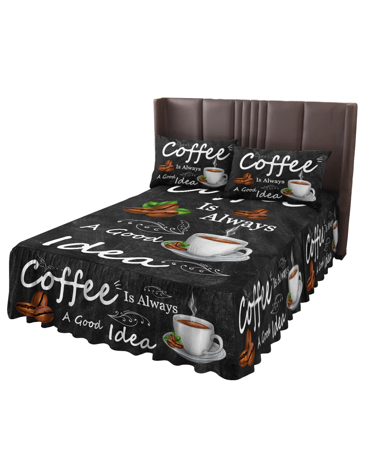 Retro Style Coffee Bean Coffee Bed Skirt Elastic Fitted Bedspread With Pillowcases Mattress Cover Bedding Set Bed Sheet