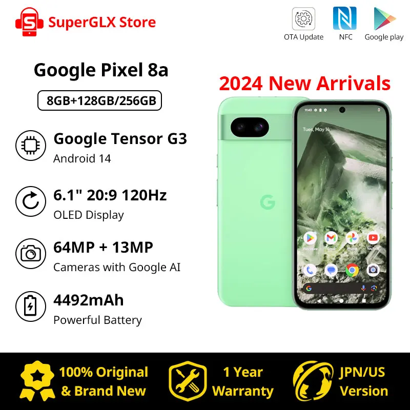 

Original New Google Pixel 8A 5G Smartphone 8GB RAM 128GB/256GB 6.1" 64MP AI-mazing Pixel Camera NFC Android 14 IP67 Pixel 8a