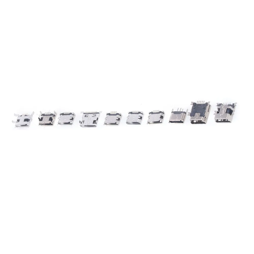 100Pcs Female Plug Micro USB Connector with Storage Box 10 Types USB Jack Connector Ports Plated Jack Micro USB Sockets