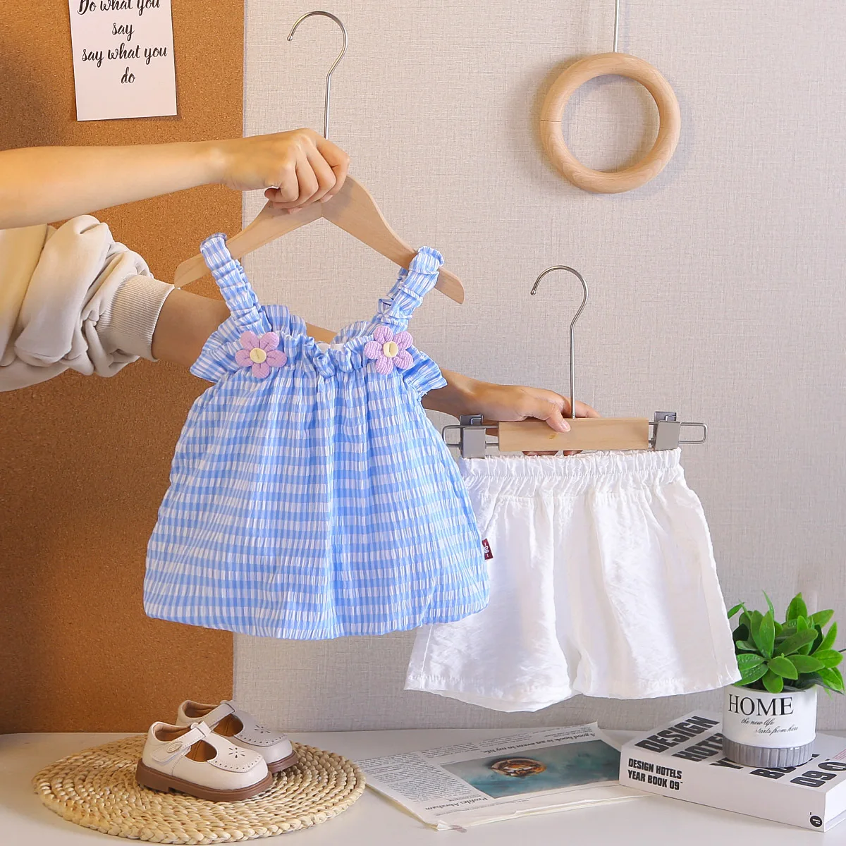 Baby Girl Summer Clothes Kids Outfits 2026 Korean Fashion Suspender Flower Plaid Skirt and White Shorts Two Piece Childrens Set