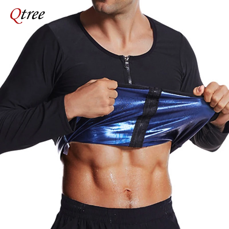 

Qtree Тренажерные костюмы на молнии для мужчин, спортивные топы с длинными рукавами для похудения, термошейпер для тела, корсет для сжигания жира