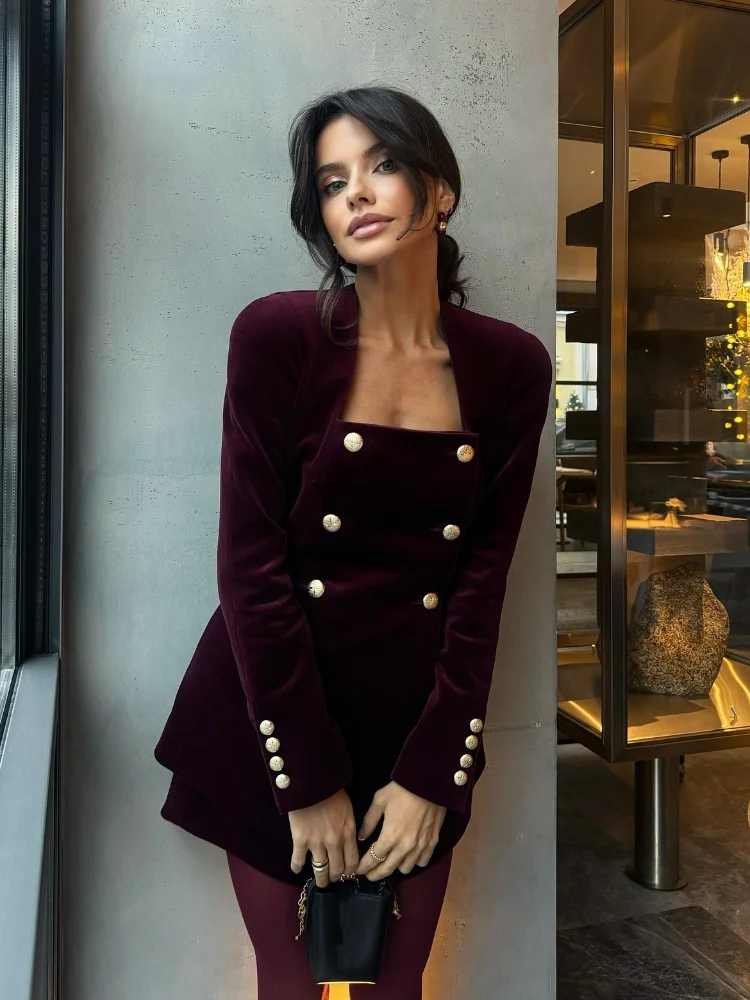 Chic Burgundy Velvet Square Neck Top Mini Skirt Suit Women Fashion Shoulder Pad Button Tops 2 Piece Set Elegant Lady 2025 Outfit