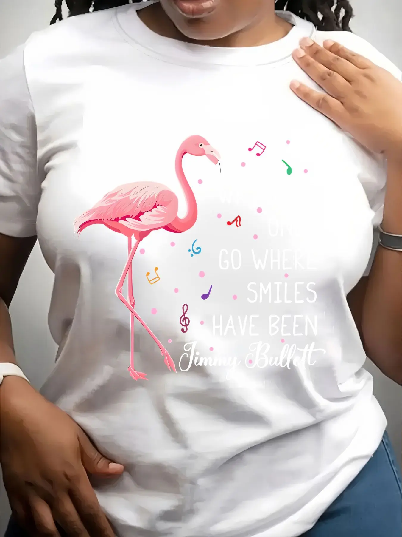 Women's Trendy Crew Neck T-Shirt Pink Flamingo with Musical Notes Suitable for Casual Sportswear