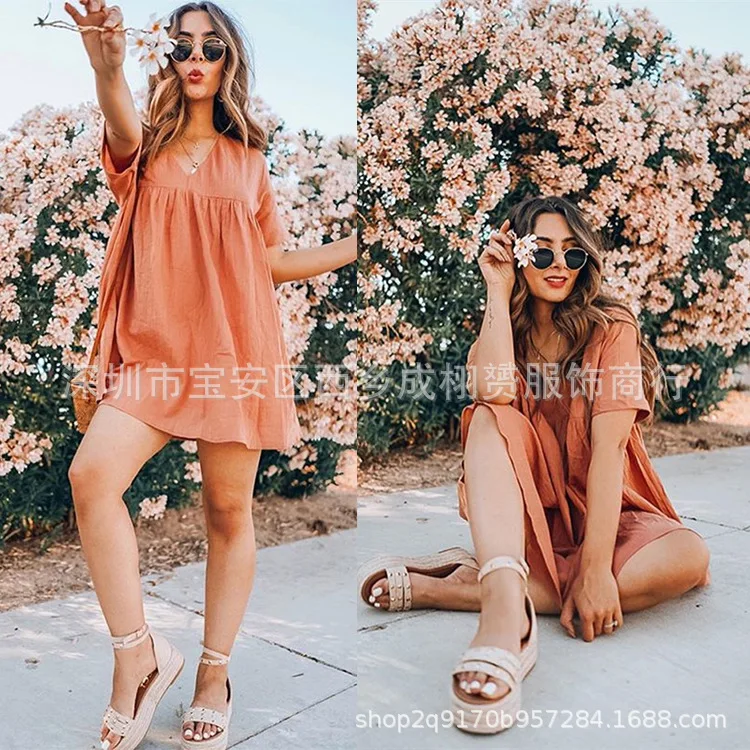 

Ins Internet Celebrity 2025 New V-Neck Loose Fit Lady Short Cotton And Linen Dress 1910