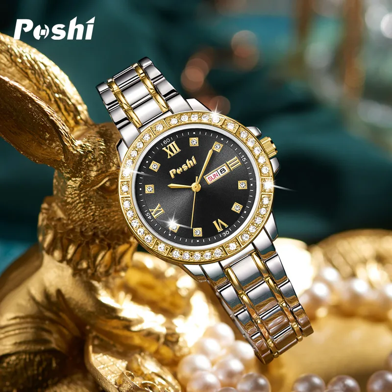 POSHI 944 Women\'s Watch Original Design Quartz Movement Wristwatch Fashion Luxury Casual Bracelet with Date Week Gift Box