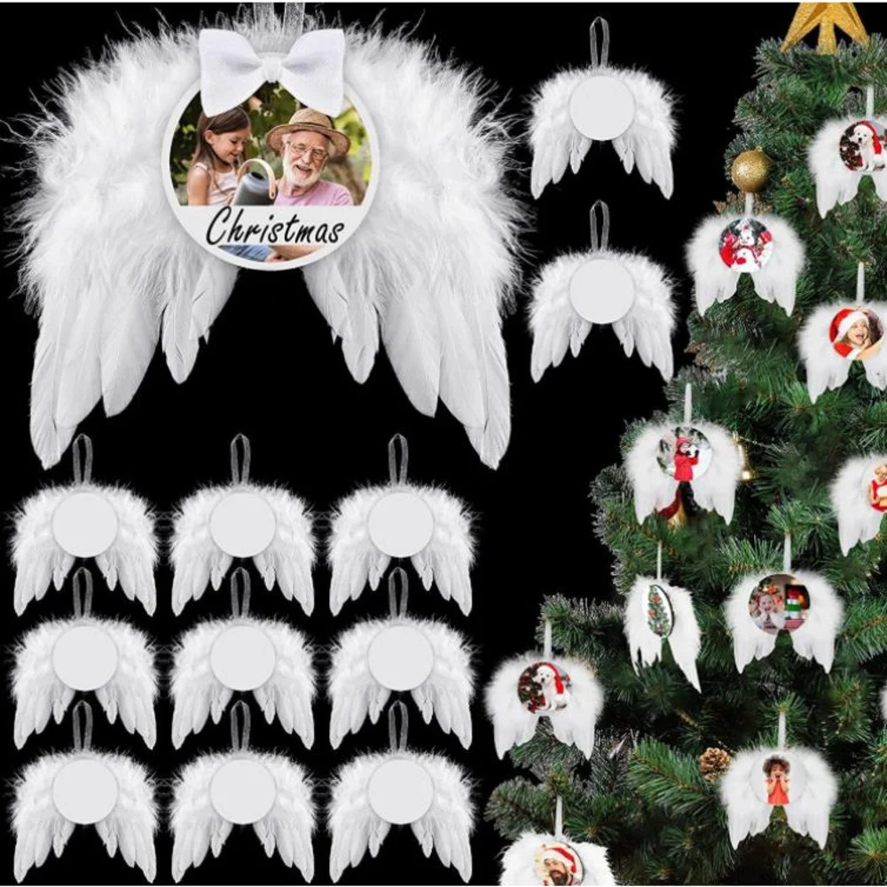 Christmas White Angel Wings Ornament Hanging Feather Hanging Decor With Sublimation Blank MDF Pendants For Christmas Tree