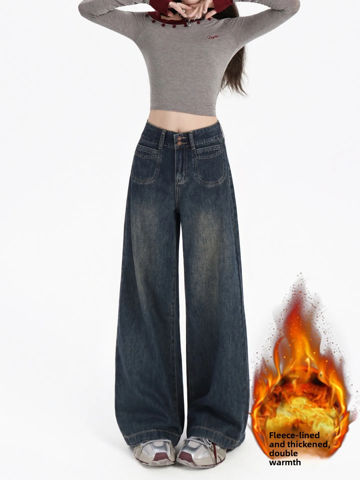 حجم كبير Fce اصطف ثي الدينيم الجينز المرأة الخريف الشتاء عالية الخصر بنطال ذو قصة أرجل واسعة التخسيس فضفاضة تناسب الأمريكية Sle #1