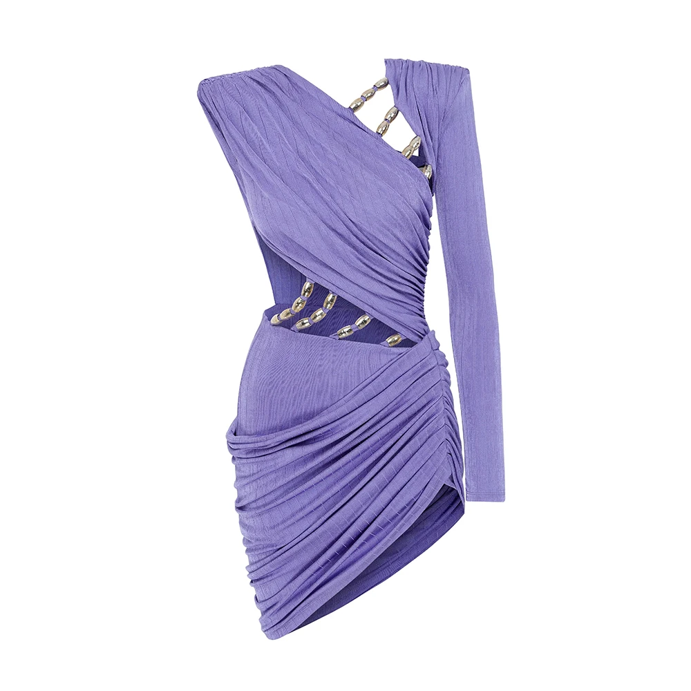 Sukienka mini z jednym ramieniem, falbaną, długim rękawem i wycięciem, elegancka sukienka dla gościa weselnego, krótkie sukienki na przyjęcie urodzinowe, koktajl, wieczór.