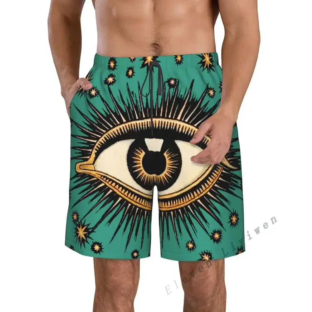 

Мужские шорты-боксеры средиземноморского синего и золотого цвета с узором от сглаза, мужские эластичные шорты, пляжные шорты, крутое искусство граффити