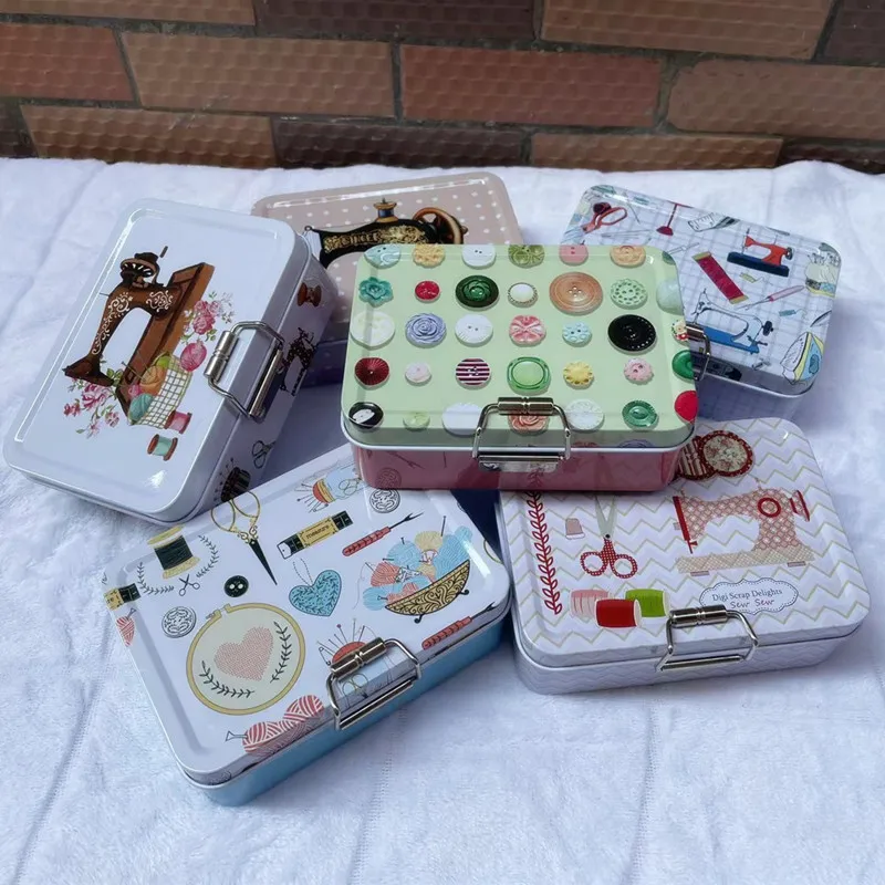 1PCS Sewing Machine Pattern Double Layer Storage Tin Box Metal Sealed Jar Coin Earrings Organizer Box Jewelry Candy Gift Box