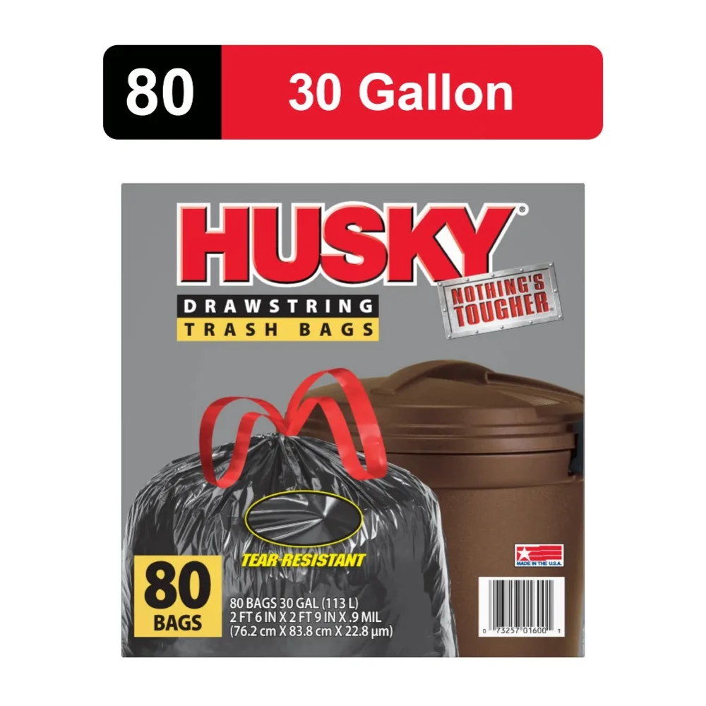 Large Trash Bags, 30 Gallon, 80 Black Bags (Unscented, Tear-Resistant, Drawstring, 20% PCR)