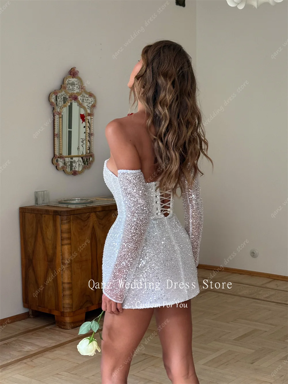 Qanz White Glittery Wedding Dresses Bride Mini A Line Lace Up Back Vestido De Novia Removable Sleeves Bridal Gowns Customized