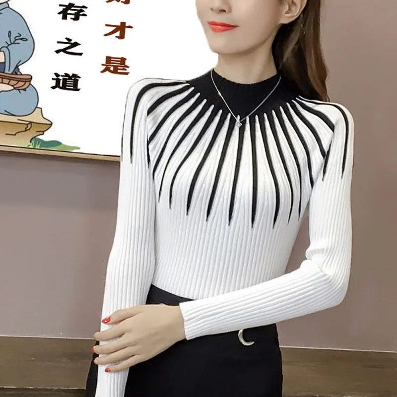 Solidny kolorowy Patchwork damski moda zimowa nowy półgolf z długimi rękawami wygodny w stylu Casual Fit uniwersalny Top