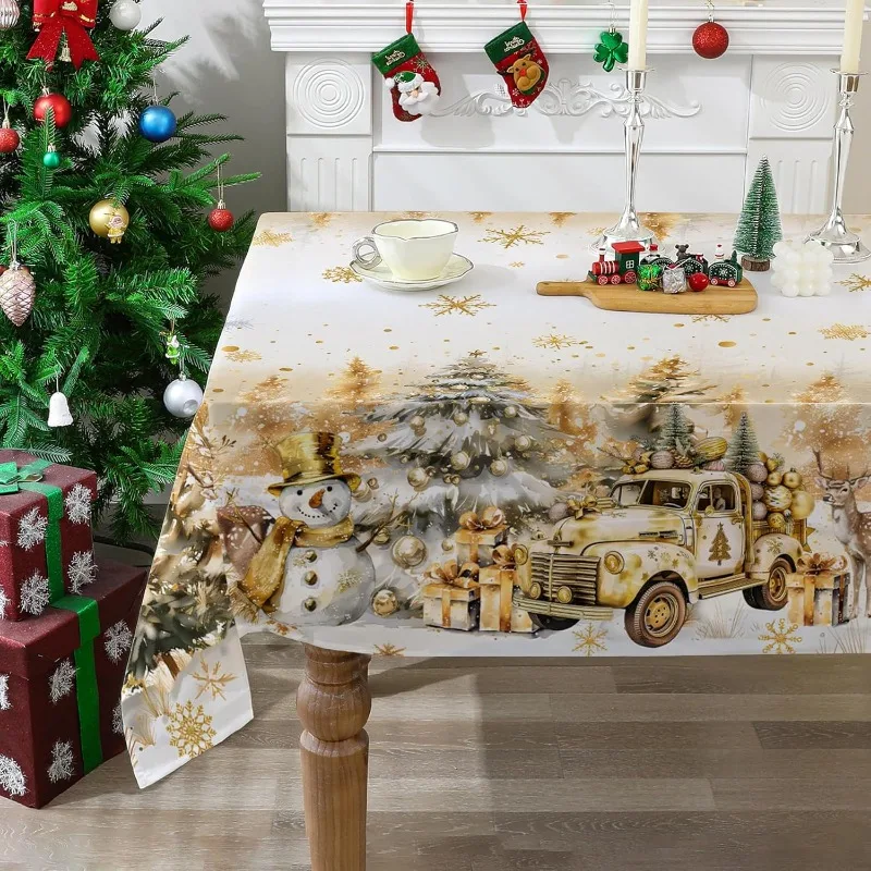 1 Piece Christmas Tablecloth for Rectangular Table Truck and Snowman Golden Snowflake Christmas Tablecloth Home Party Decoration