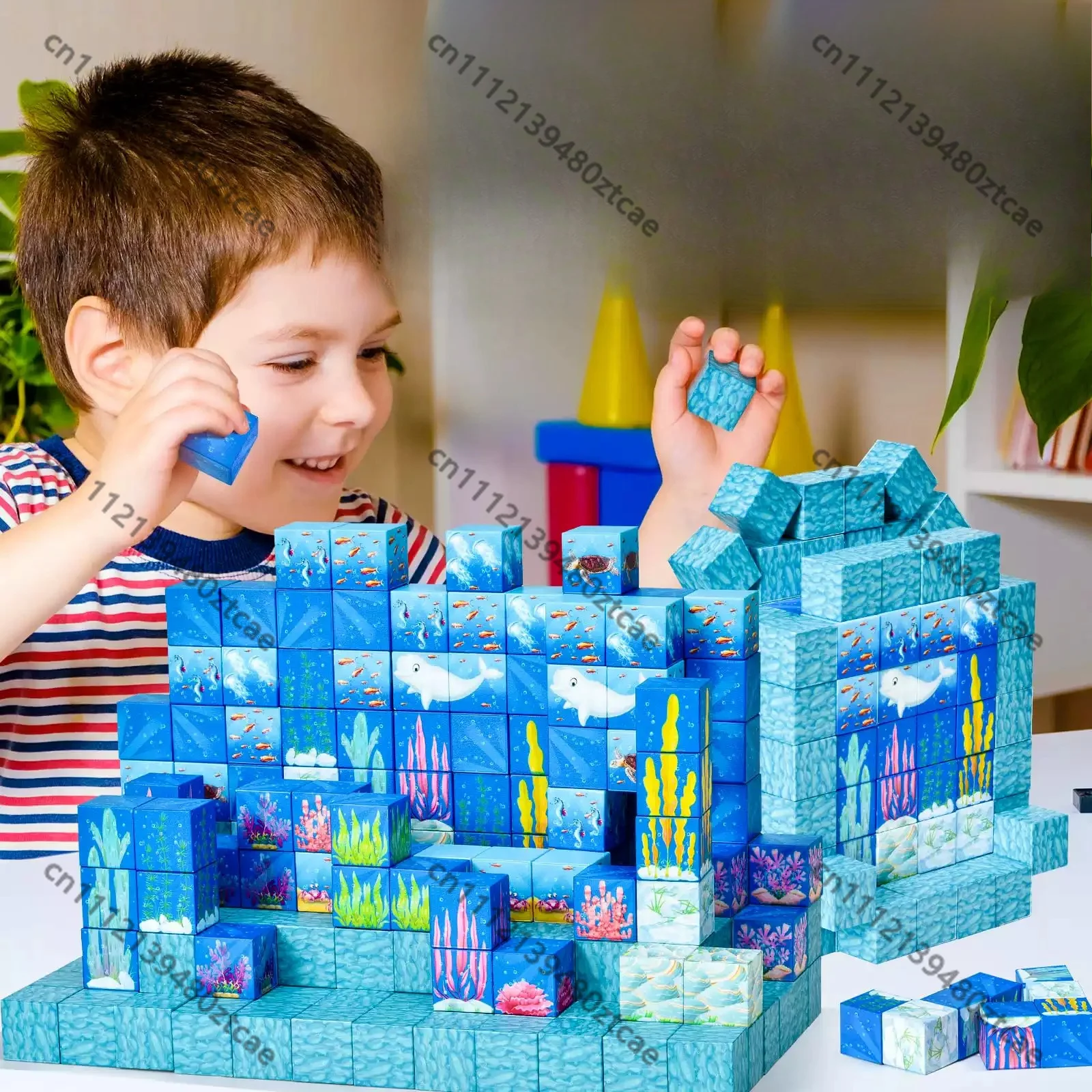 Ocean Theme Luminous Magnetic Cube Building Blocks Kids Educational Magnetic Toy With Gift Box For Children Holiday Present