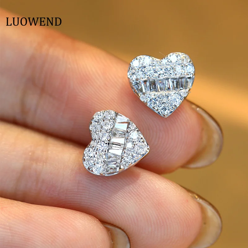 

LUOWEND 18K White Gold Earrings Women Love Shapes Stud Earrings Real Natural Diamonds 0.46carat Luxury Party Fine Jewelry