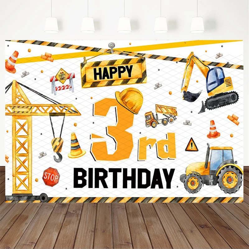 Mocsicka Happy 3rd Birthday Photography Backdrop Construction Truck Crane Excavator Tractor Traffic Boys Party Photo Backgrounds