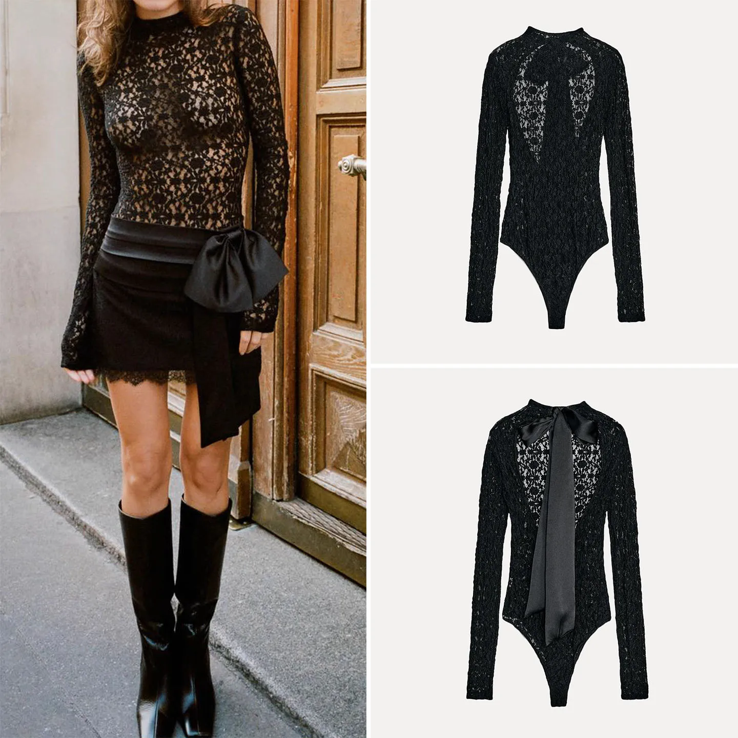 

Z Women's Faion Long Sve Lace Jumpsuit Knot High Waist Commute Sle ort Pants Fabric 00% Other